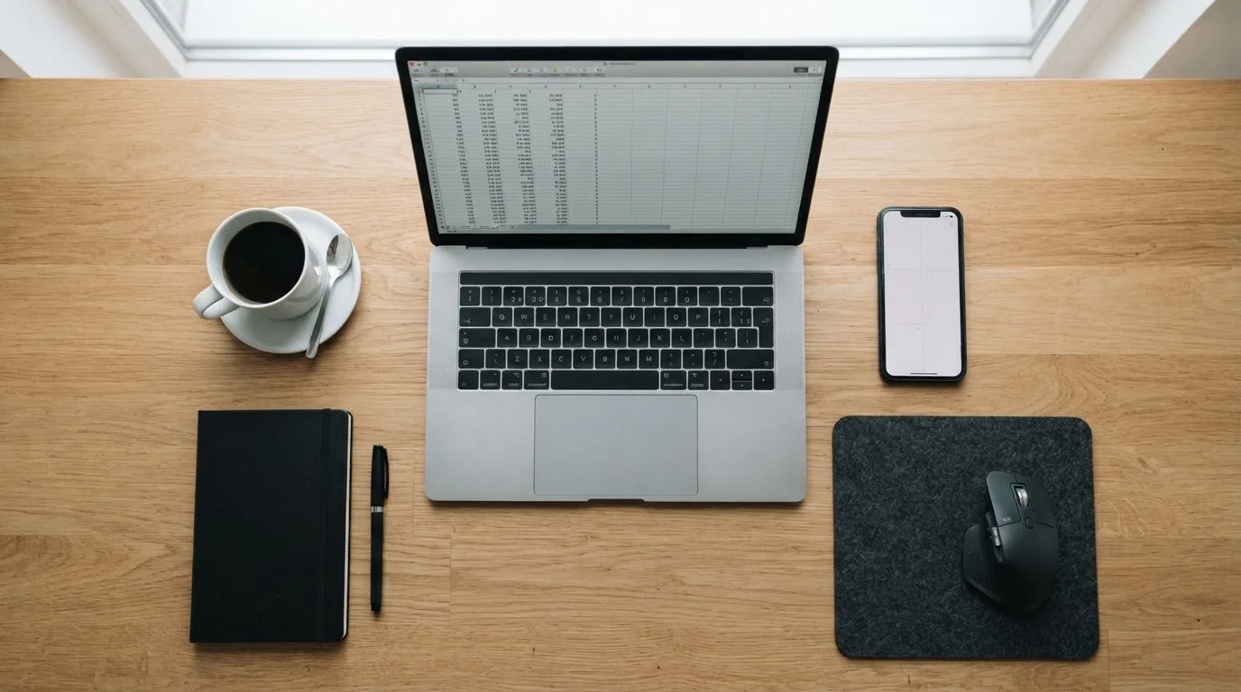 Arbeitsplatz von oben mit Laptop und Tabellen zum Vergleich verschiedener Wettquoten