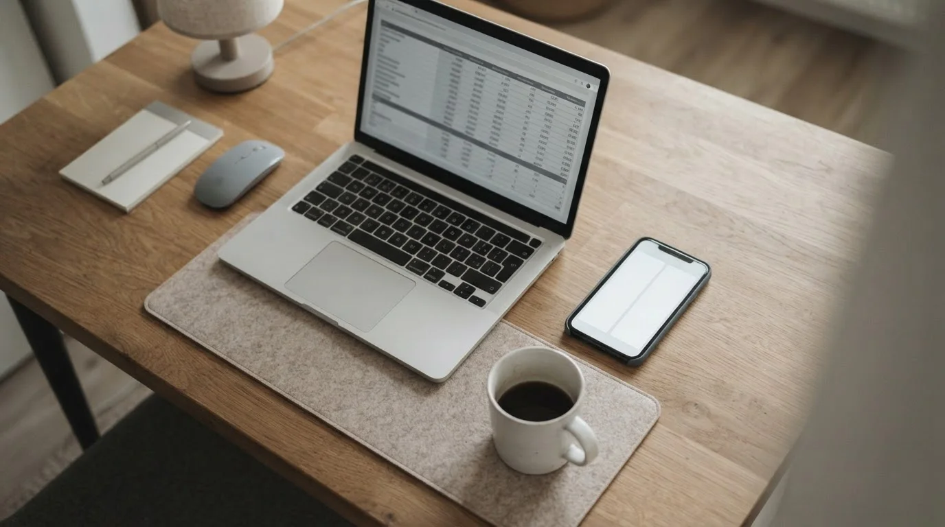 Arbeitsplatz mit Laptop und Tabellen zum Vergleich von Wettquoten verschiedener Anbieter