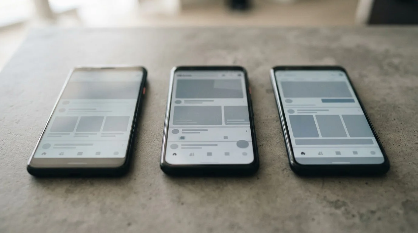 Drei Android-Smartphones nebeneinander mit unterschiedlichen App-Oberflächen im Vergleich
