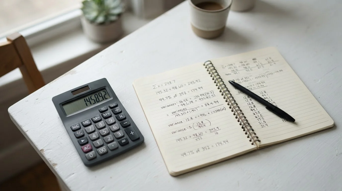 Taschenrechner und handschriftliche Berechnungen zeigen Umrechnung von Bonus-Beträgen nach Abzügen