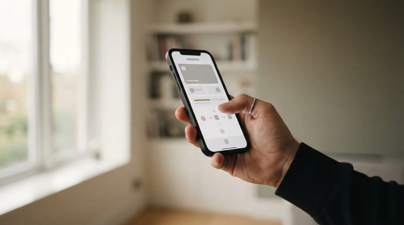 Hand hält Smartphone mit abstrakter Zahlungs-App im Display