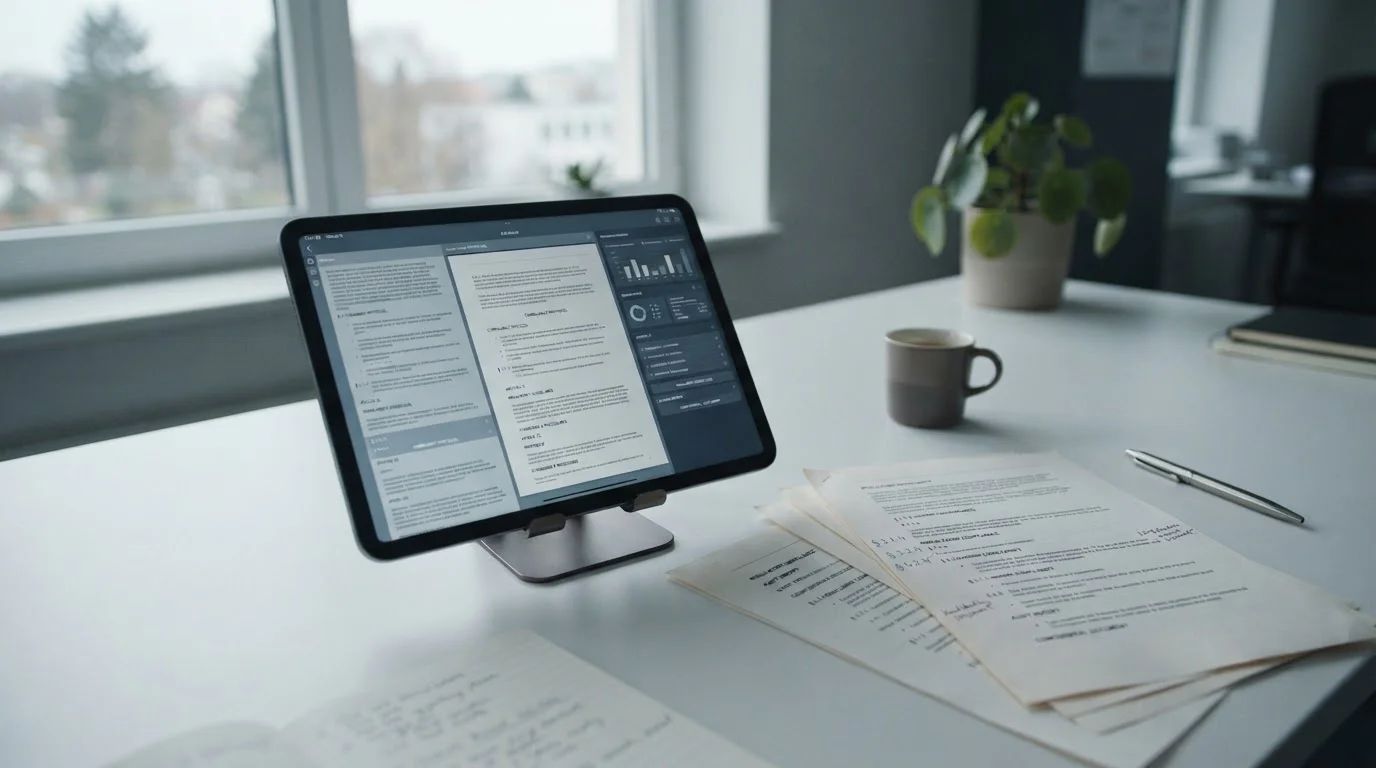Offizielle Dokumente und Tablet mit Informationen zur GGL-Glücksspiellizenz