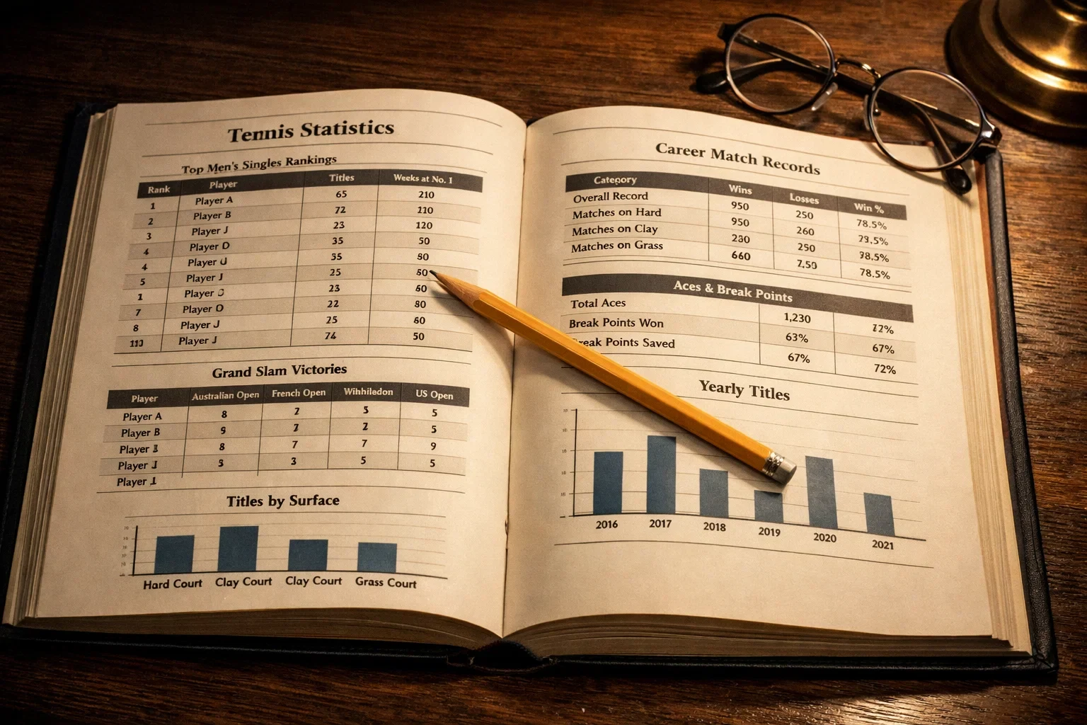 Aufgeschlagenes Statistikbuch mit Tennisdaten und Bleistift