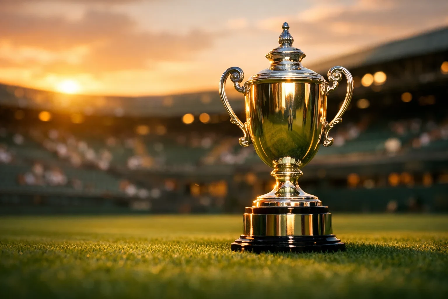 Tennispokal auf dem Rasen eines Grand-Slam-Stadions bei Sonnenuntergang