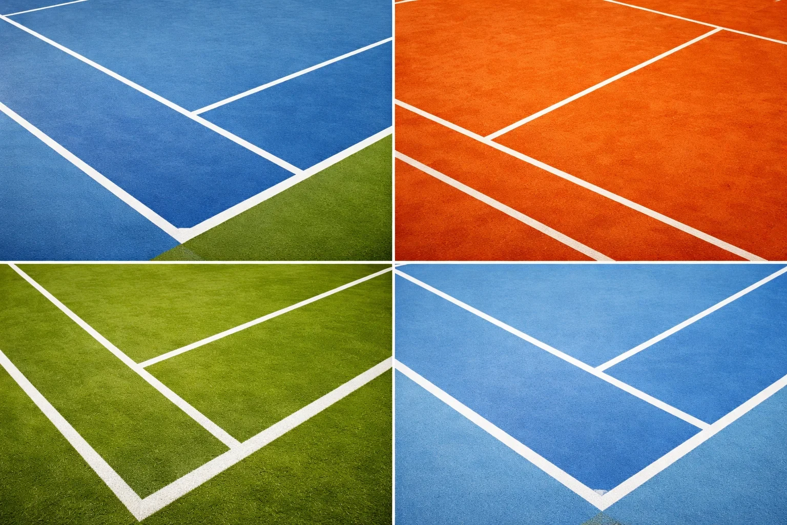 Vier verschiedene Tennisbeläge nebeneinander – Hartplatz, Sand, Rasen