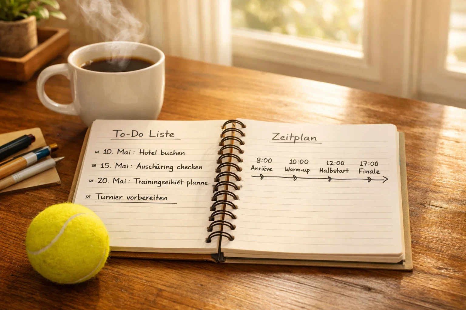 Notizbuch mit Turnierplanung neben einer Tasse Kaffee und Tennisball