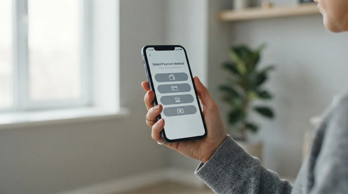 Hand hält Smartphone mit abstraktem Zahlungsbildschirm