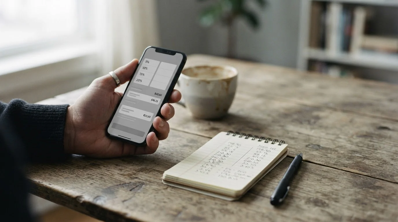 Hand mit Smartphone beim Überprüfen von Zahlungsgebühren und Transaktionskosten