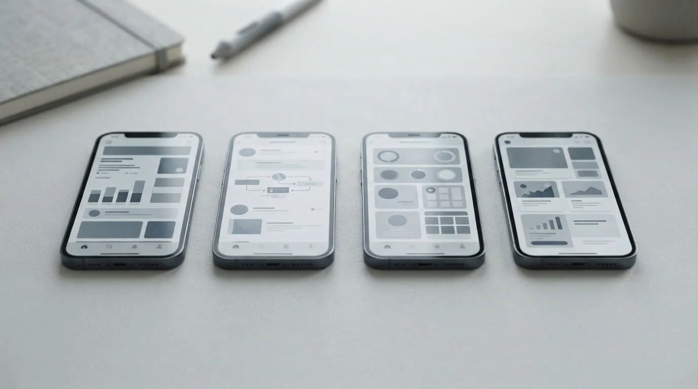 Mehrere Smartphones nebeneinander mit unterschiedlichen neutralen App-Oberflächen für Lizenzvergleich