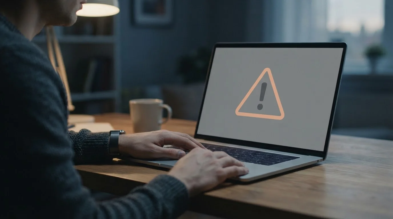 Laptop-Bildschirm mit Warnsymbol verdeutlicht fehlenden Spielerschutz bei offshore Anbietern