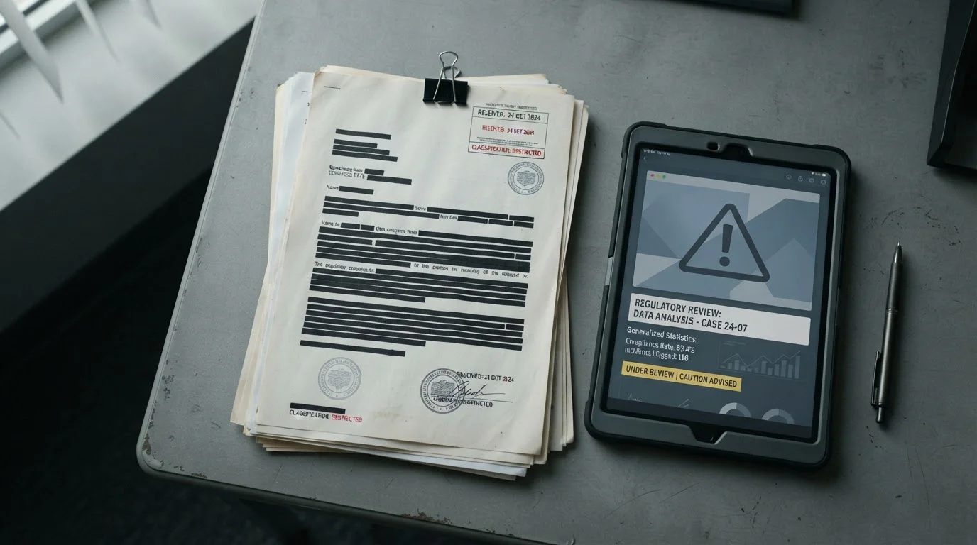 Gestapelte Regulierungsdokumente und Tablet mit Warnhinweis auf neutralem Hintergrund