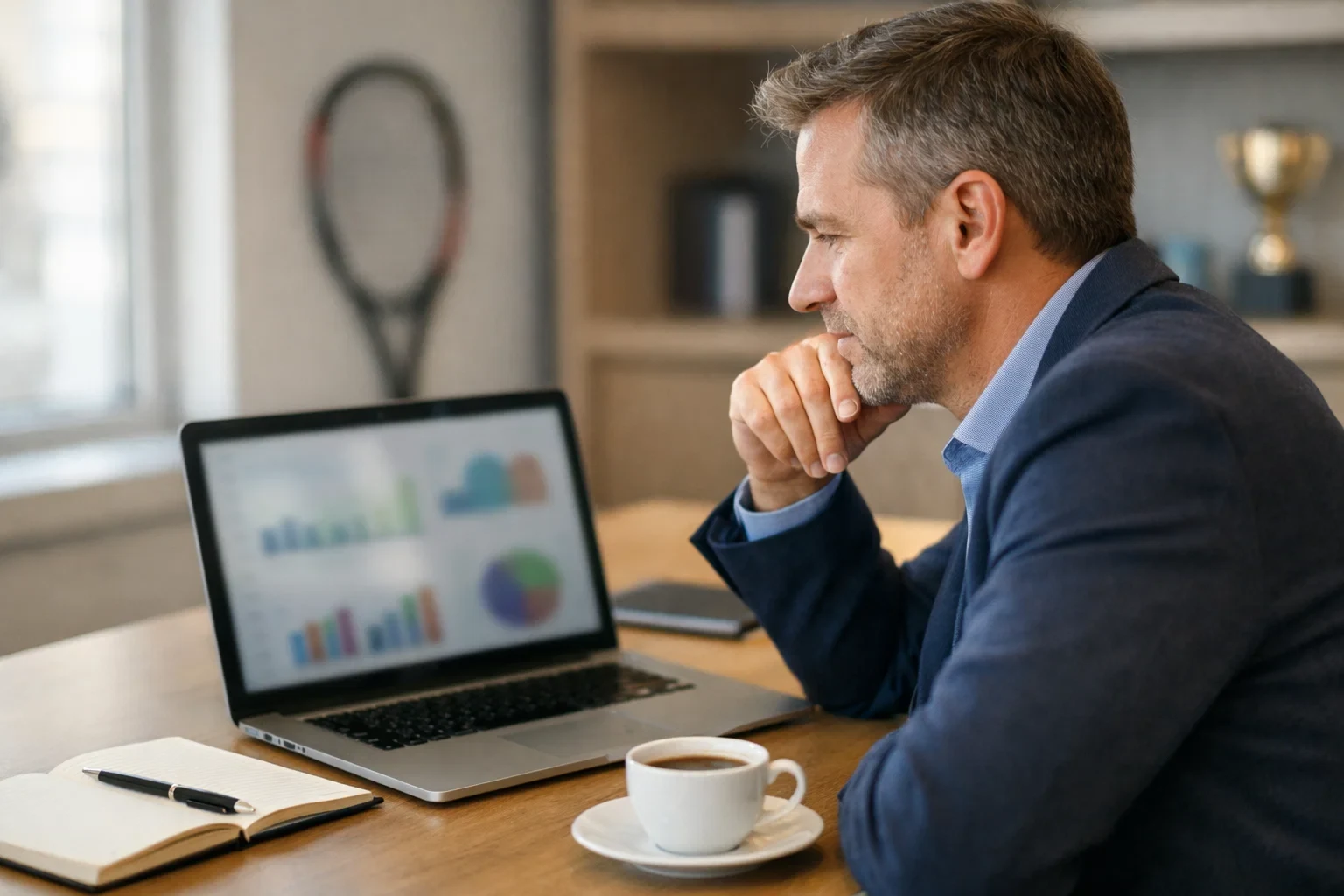 Sportanalyst studiert Tennisstatistiken auf Laptop