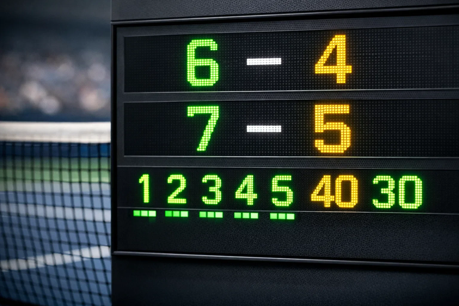 Detailaufnahme einer Tennisanzeigetafel mit Games-Stand
