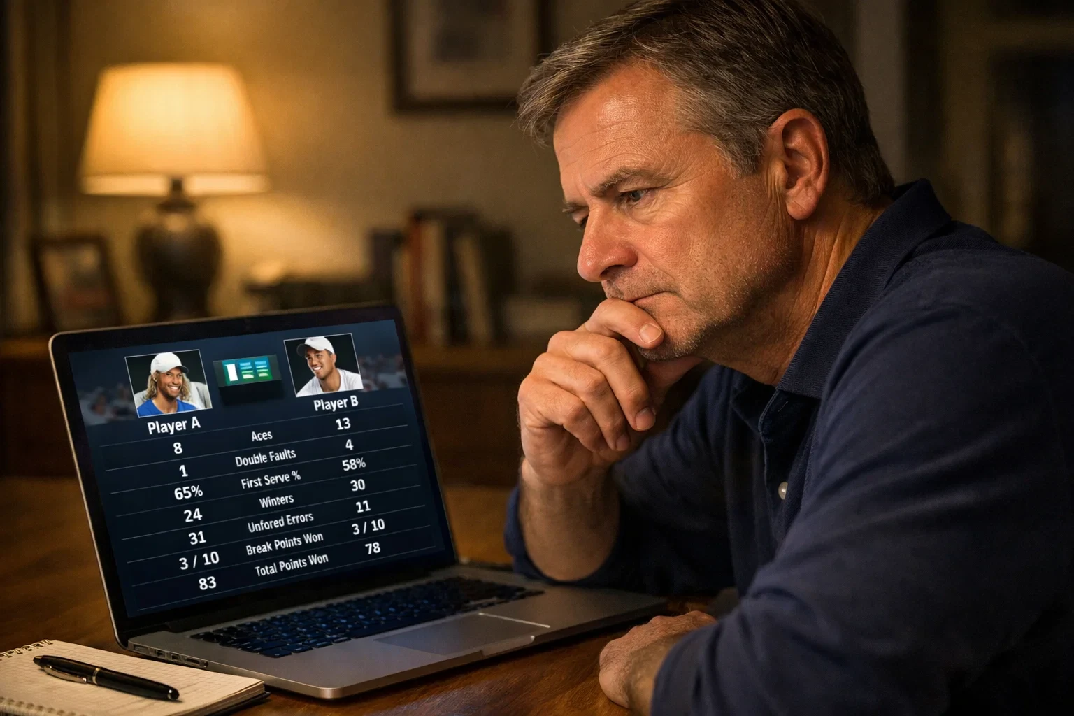 Nachdenklicher Mann vor einem Laptop mit Tennisstatistiken