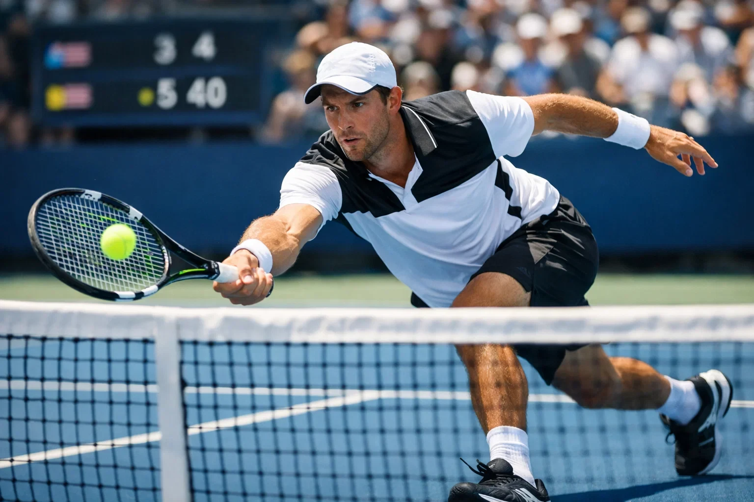 Tennisspieler am Netz mit virtueller Punkteanzeige im Hintergrund