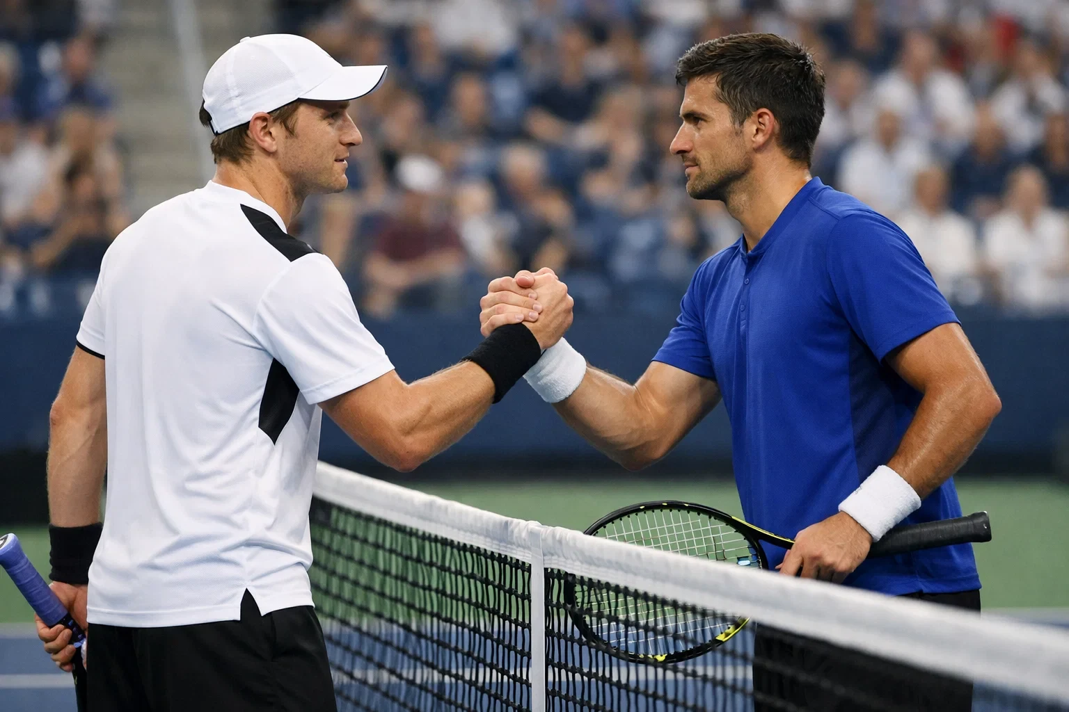 Zwei Tennisspieler am Netz beim Handschlag vor dem Match
