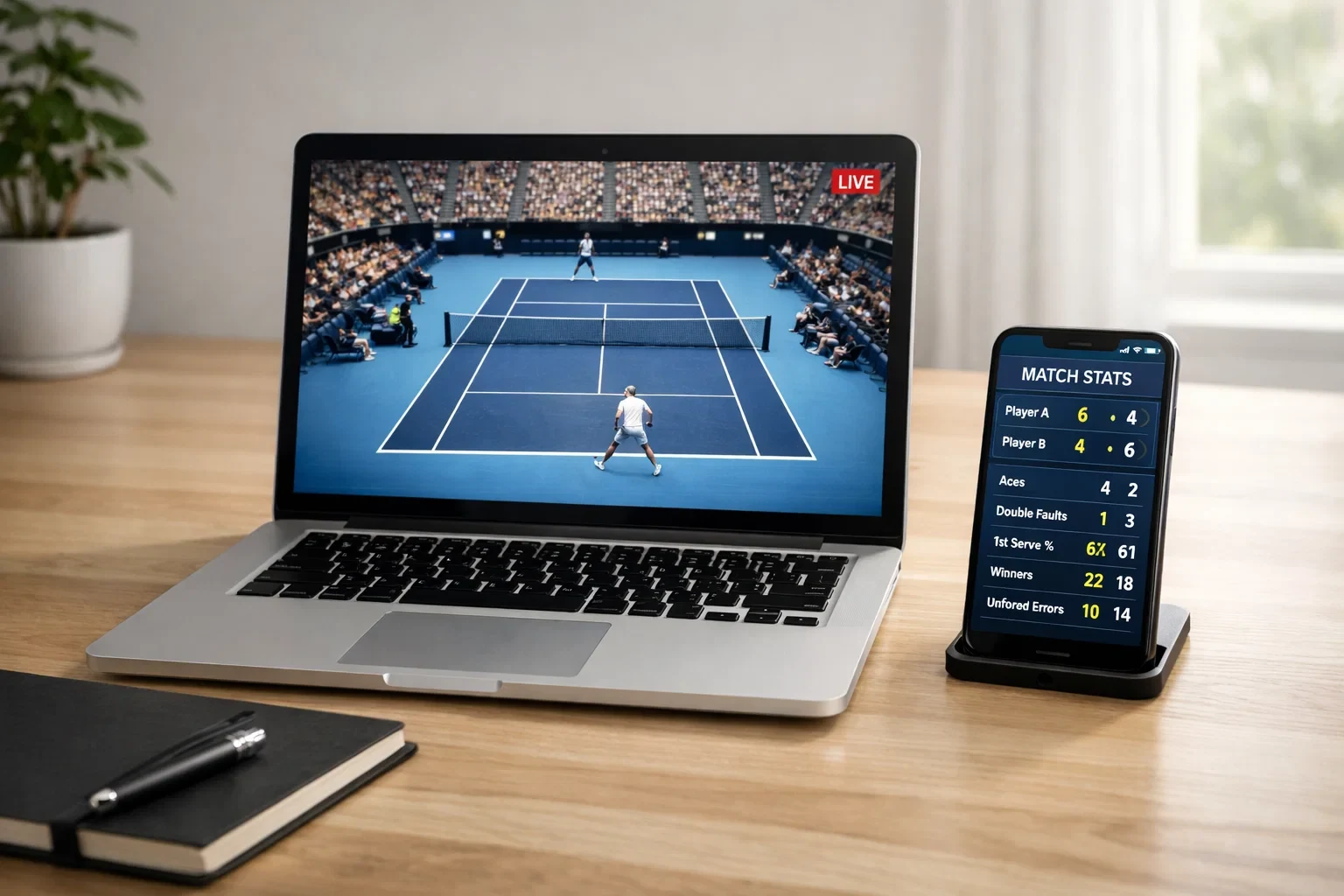 Laptop und Smartphone zeigen Tennis-Live-Stream auf einem Schreibtisch
