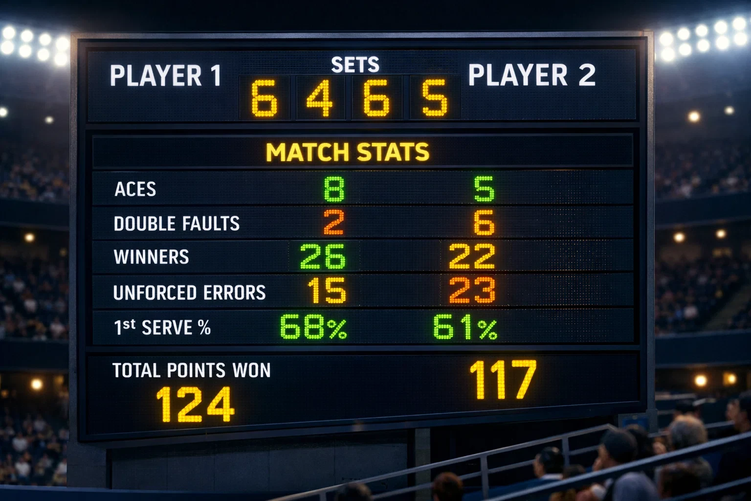 Digitale Anzeigetafel mit Tennisergebnissen und Zahlen