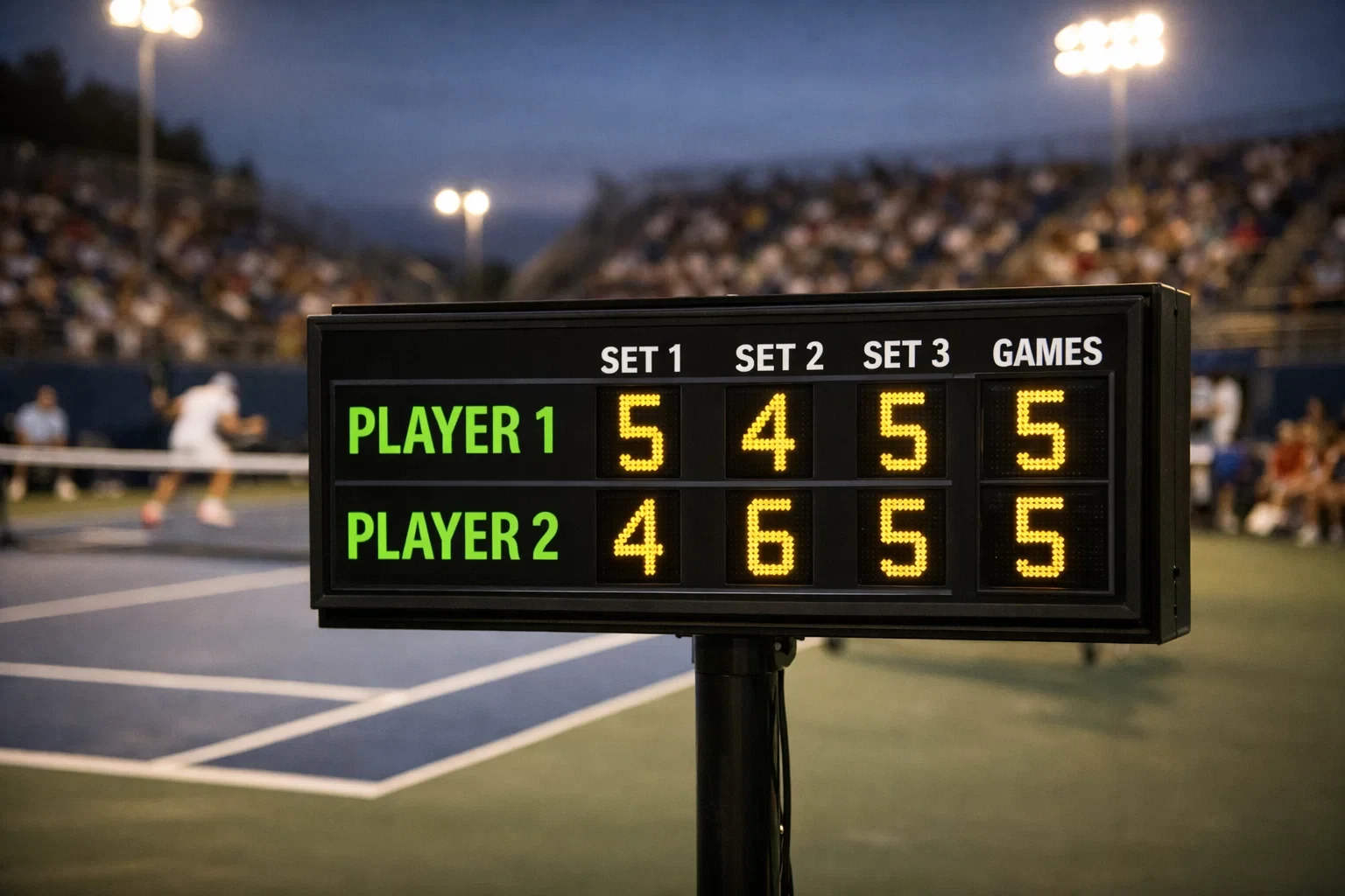 Tennisplatz mit Anzeigetafel und gespannten Zuschauern im Hintergrund