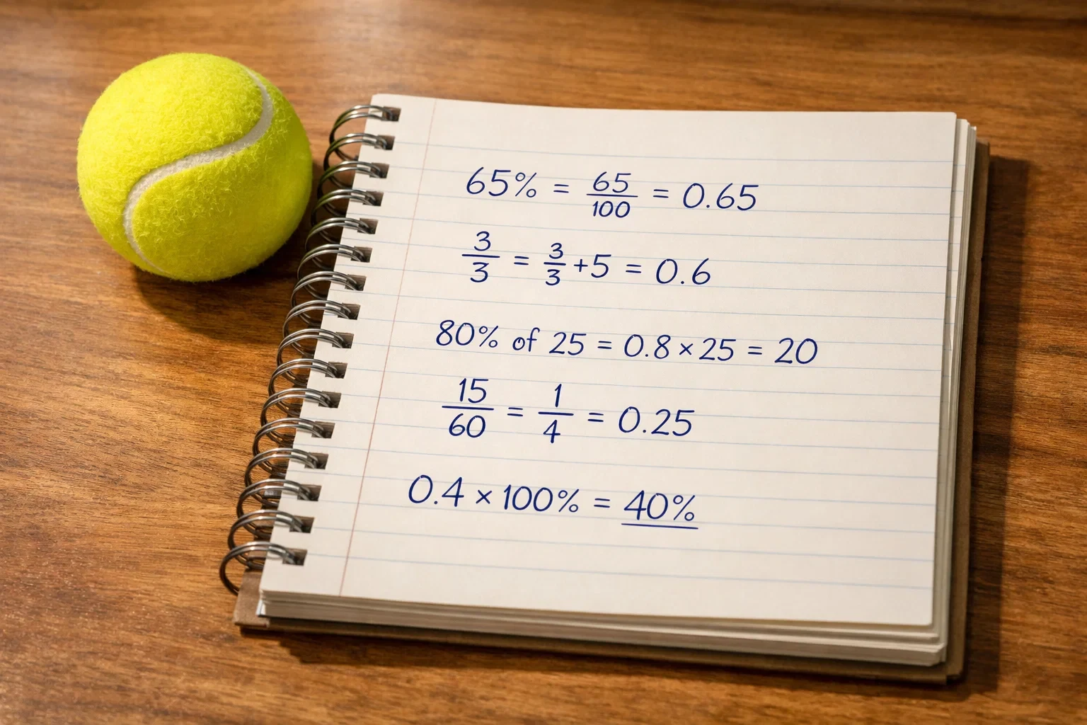Notizbuch mit Berechnungen und Prozentzeichen neben einem Tennisball