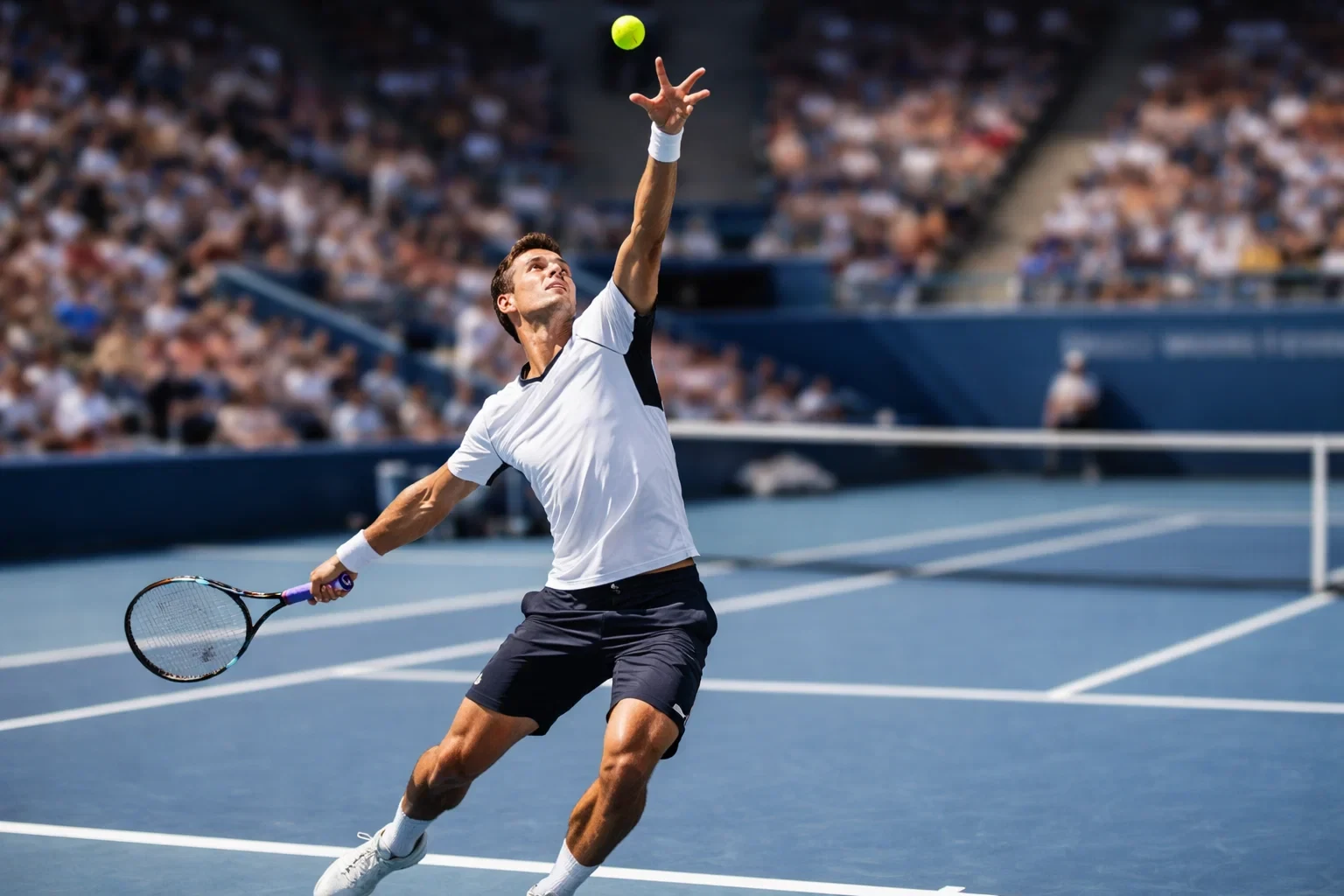 Tennisspieler bei kraftvollem Aufschlag auf dem Hartplatz