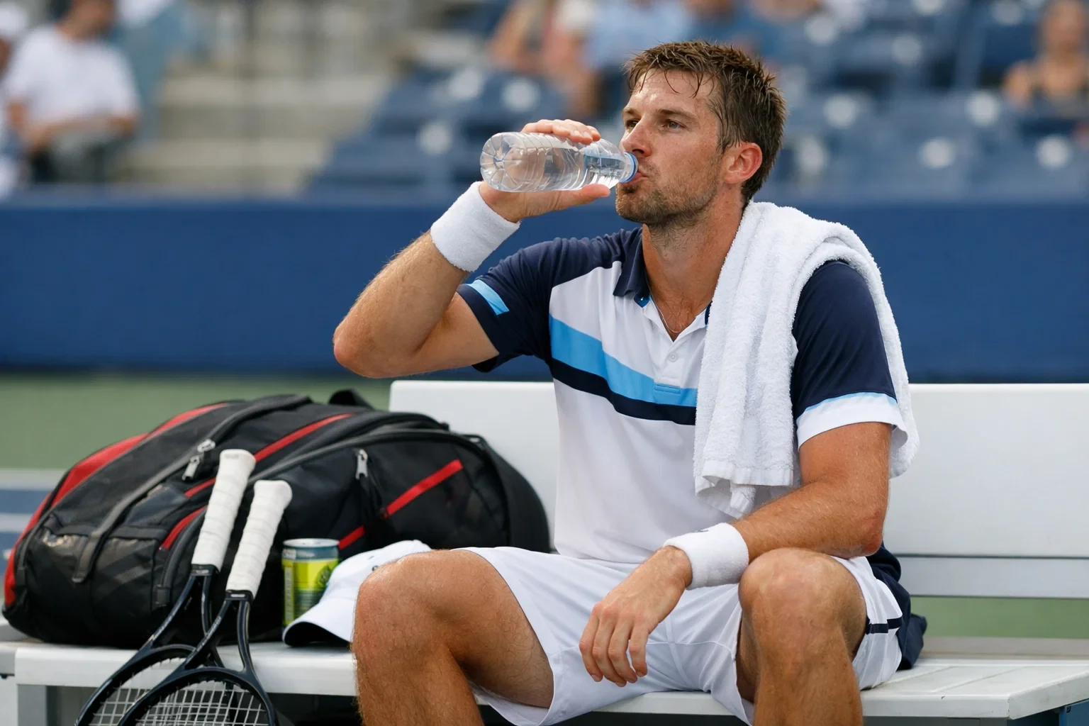 Tennisspieler trinkt Wasser während einer Pause auf der Bank