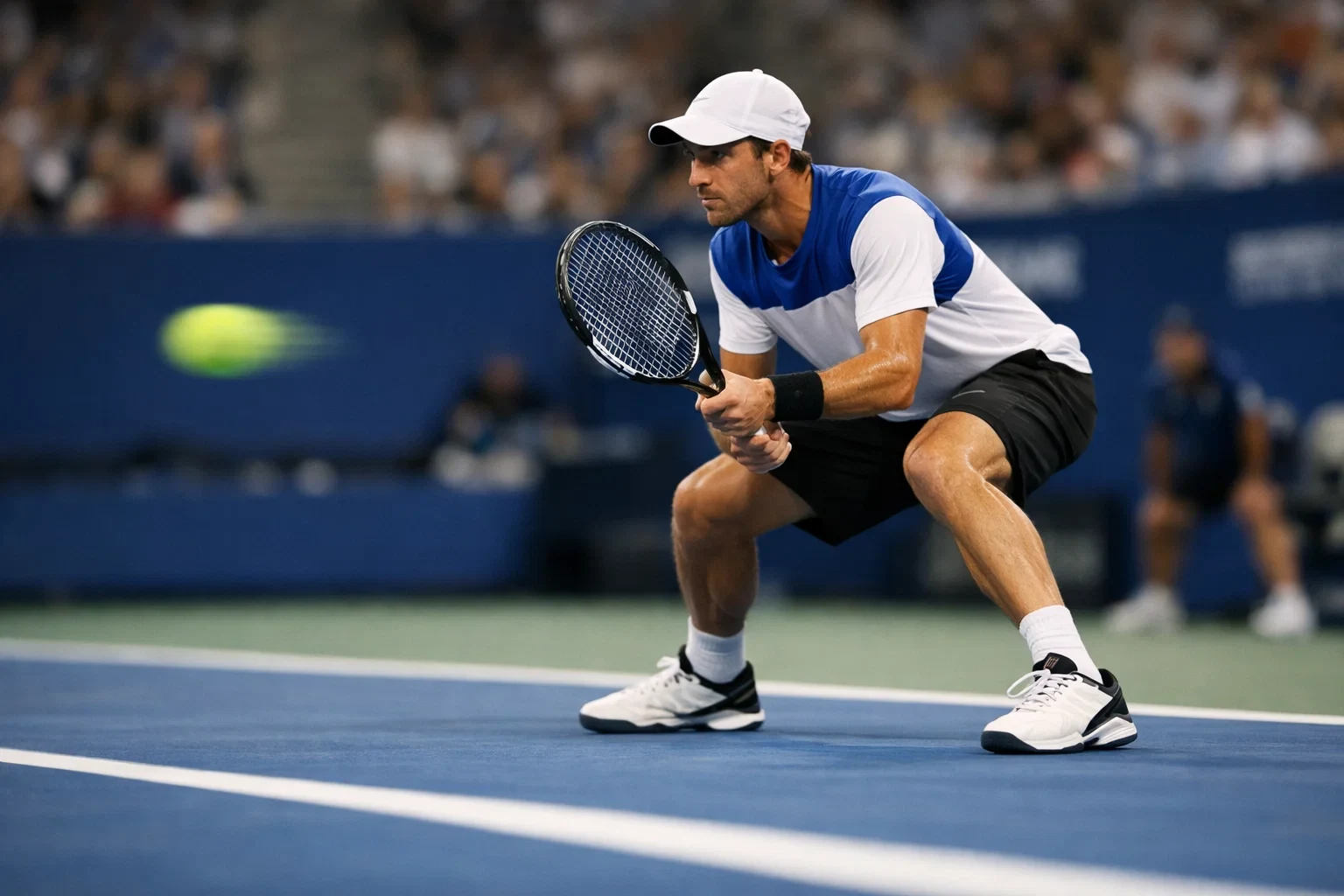 Tennisspieler in defensiver Grundlinienposition während eines Rallyes