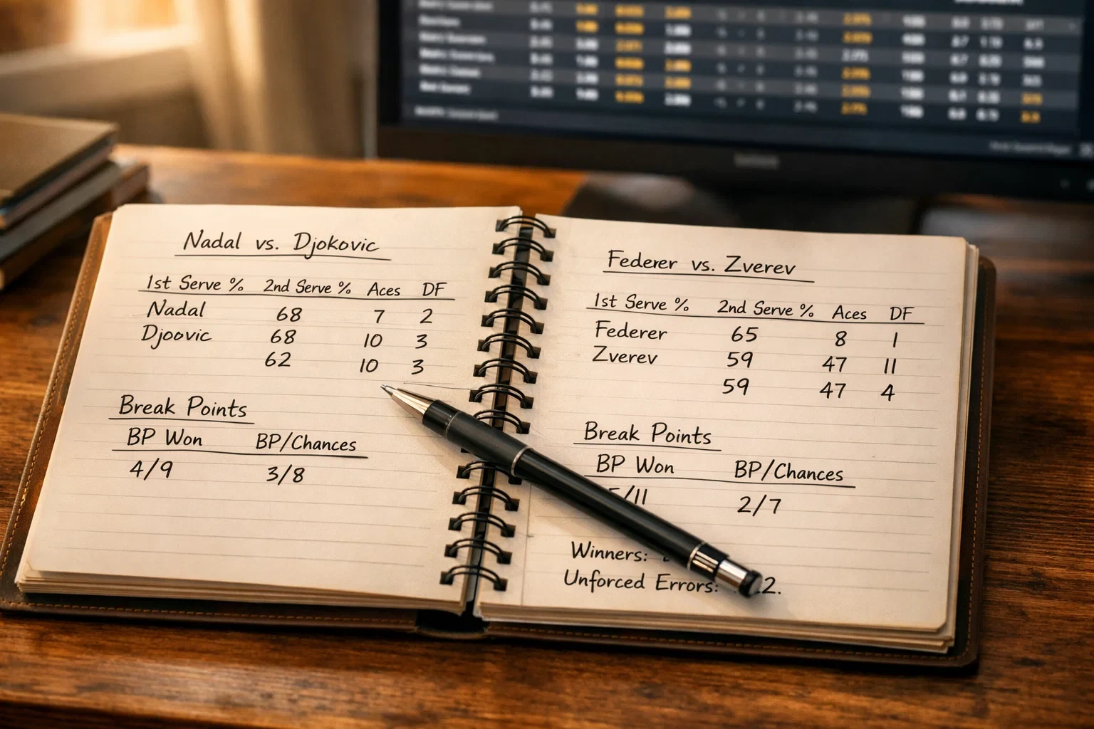 Aufgeschlagenes Notizbuch mit handgeschriebenen Tennisstatistiken