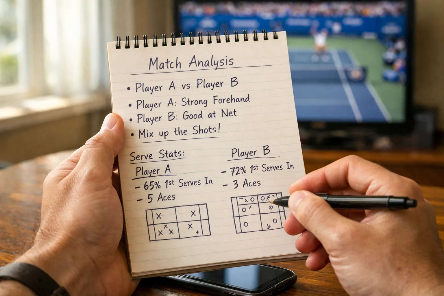 Person analysiert Tennisstatistiken auf Notizblock während eines Matches