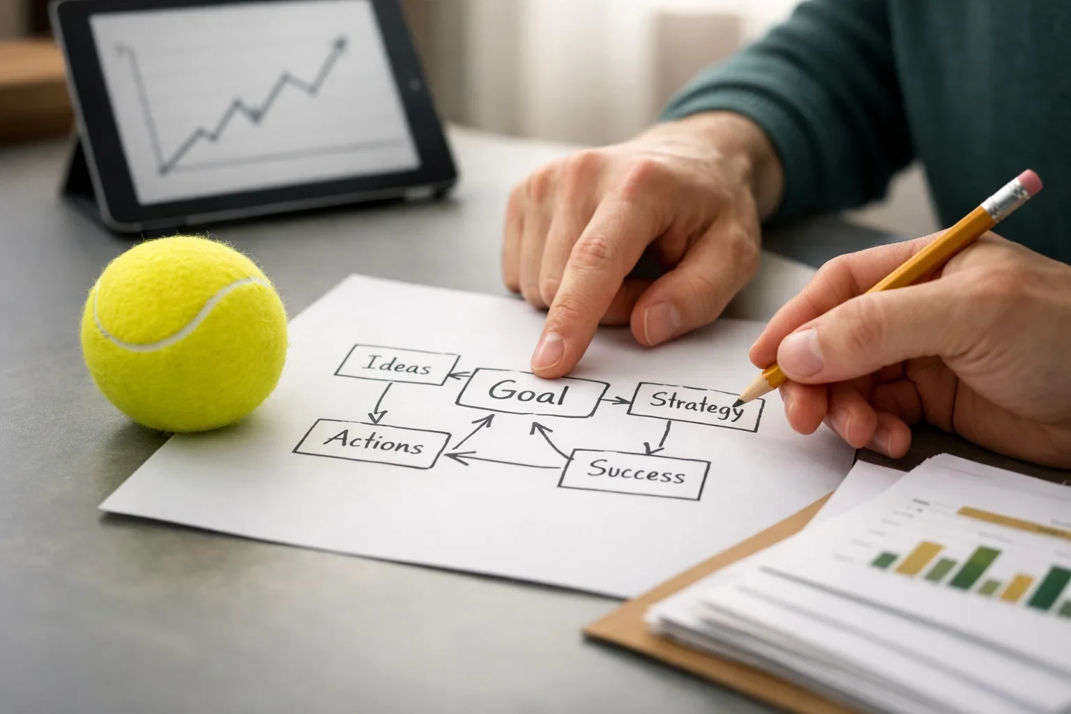 Person plant Wettstrategie mit Notizen und Tennisball