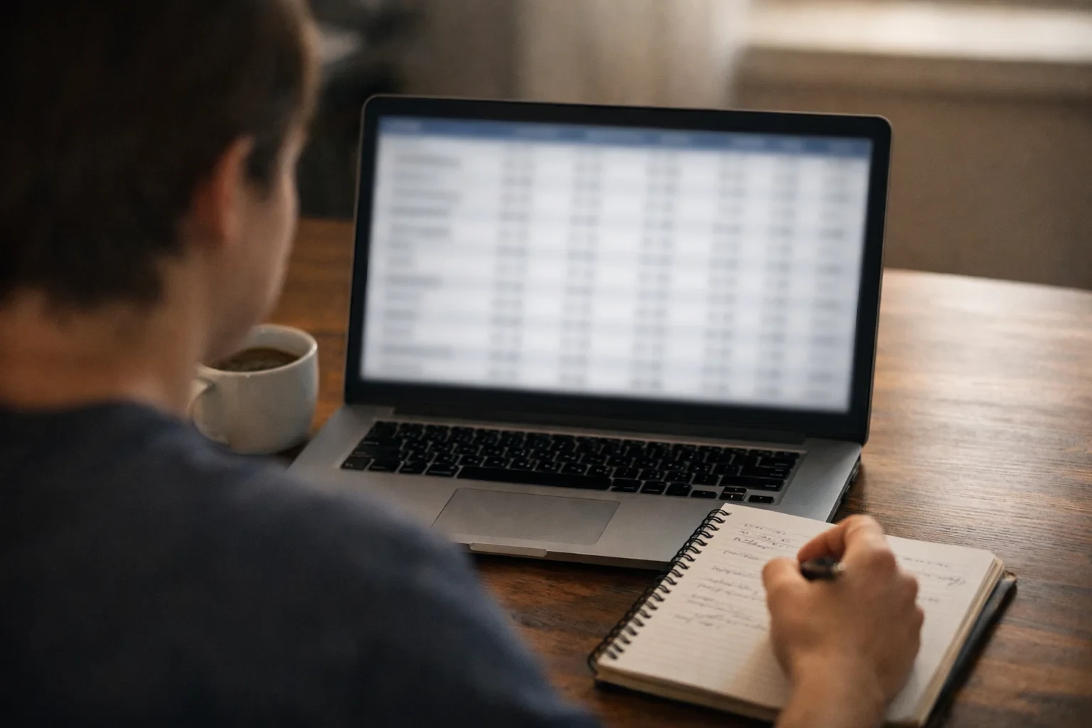 Person analysiert Statistiken am Laptop mit Notizblock daneben