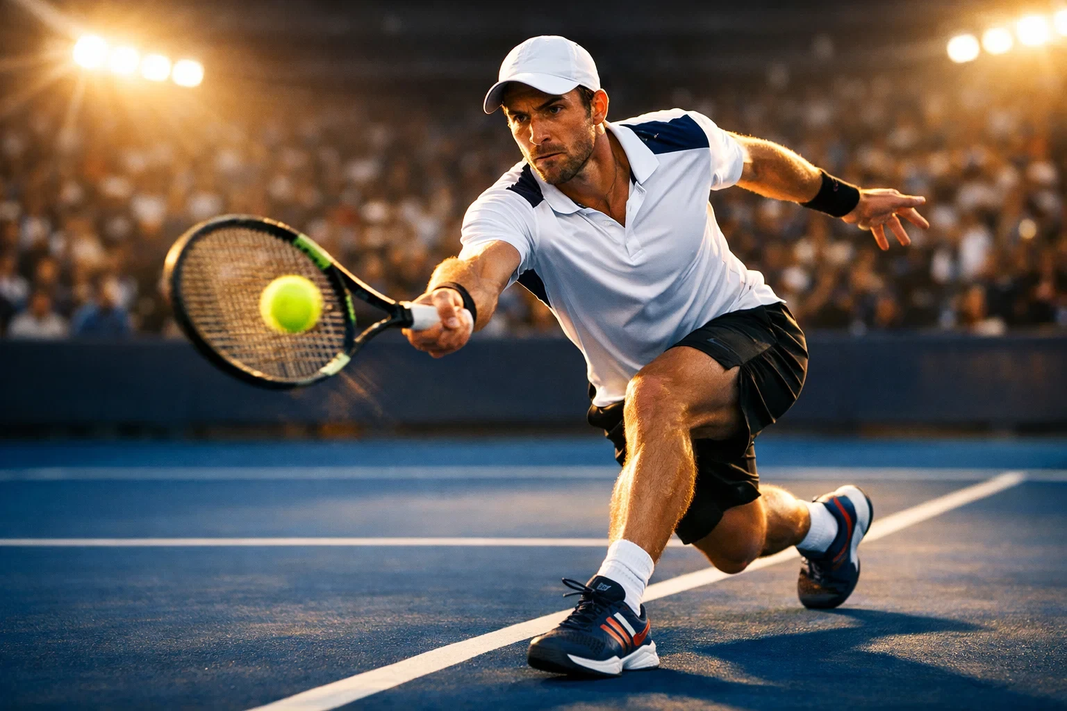 Professioneller Tennisspieler schlägt Ball auf Hartplatz bei Turnier