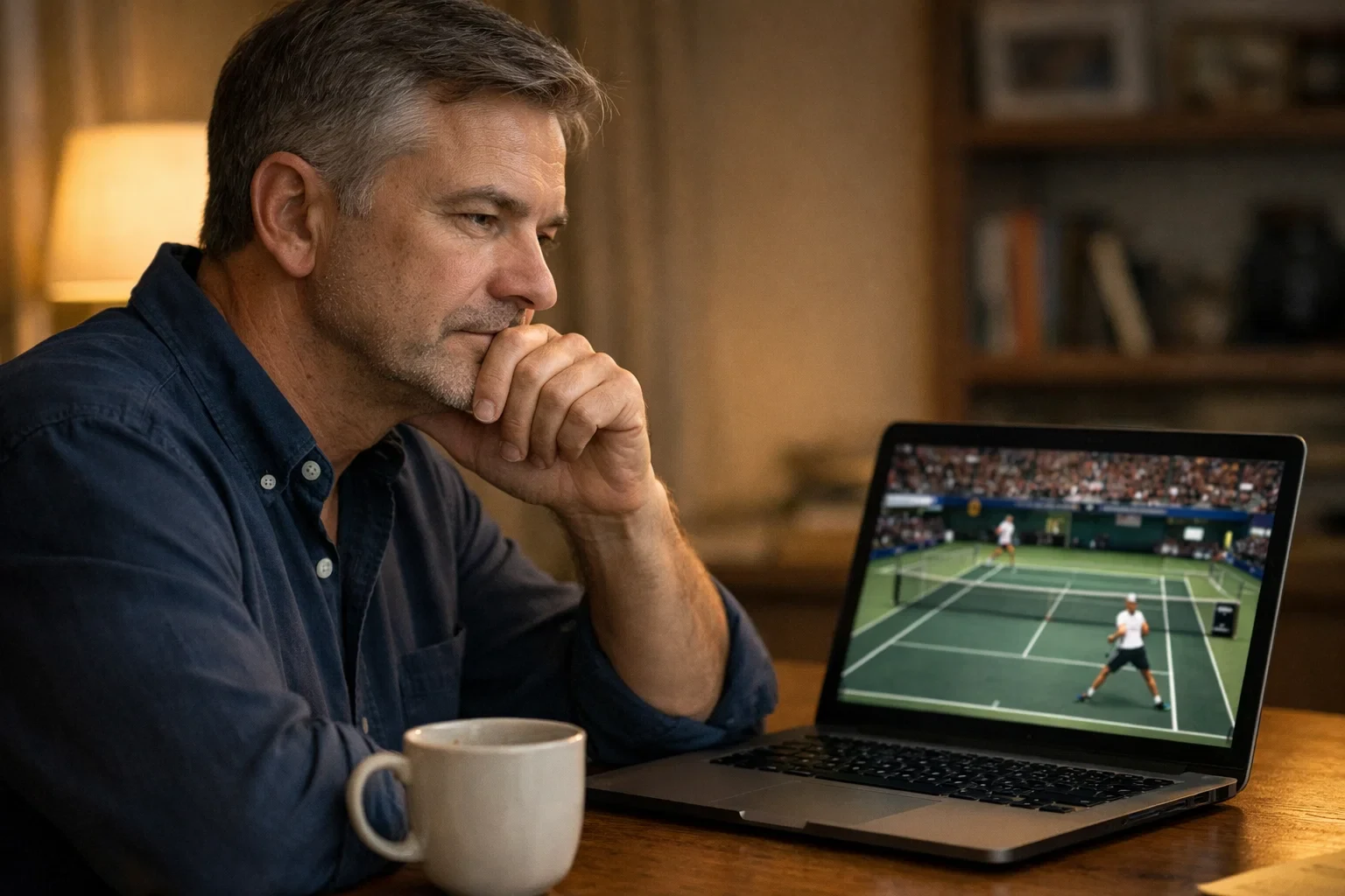 Nachdenklicher Mann sitzt vor einem Bildschirm mit Tennismatch