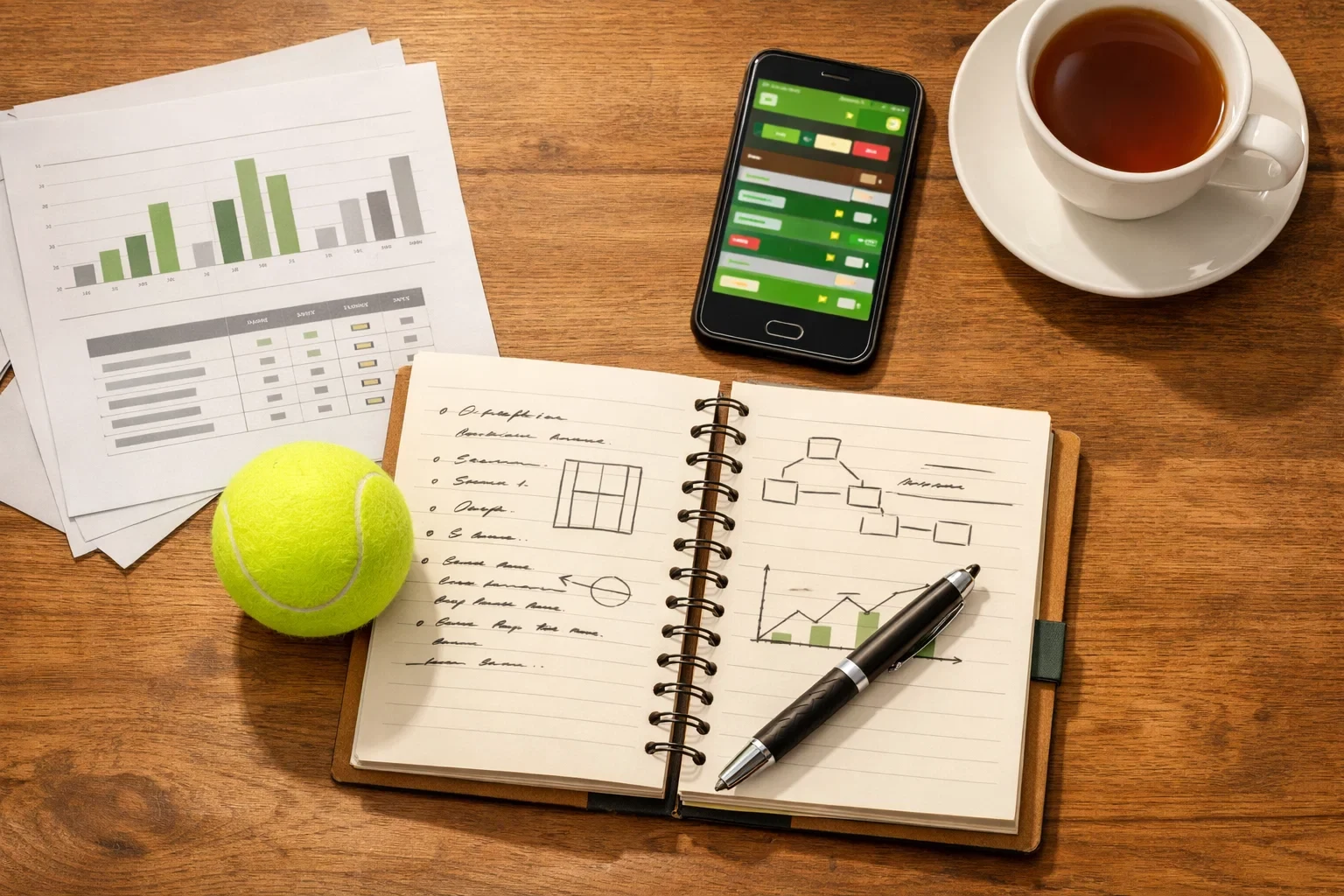 Notizbuch mit Tennisstatistiken und Stift auf Schreibtisch