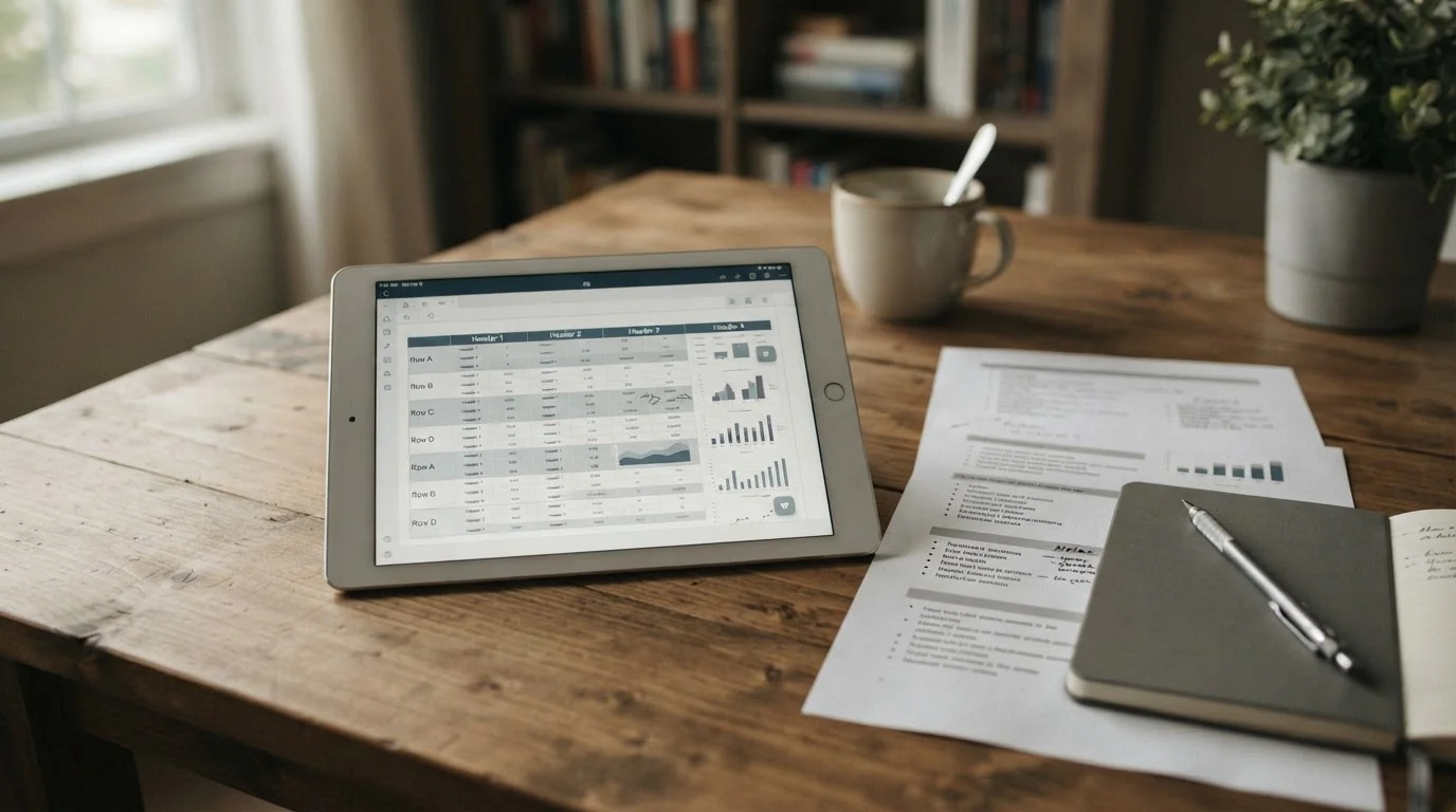 Arbeitsplatz mit Tablet und Notizen für den Vergleich von Zahlungsbedingungen