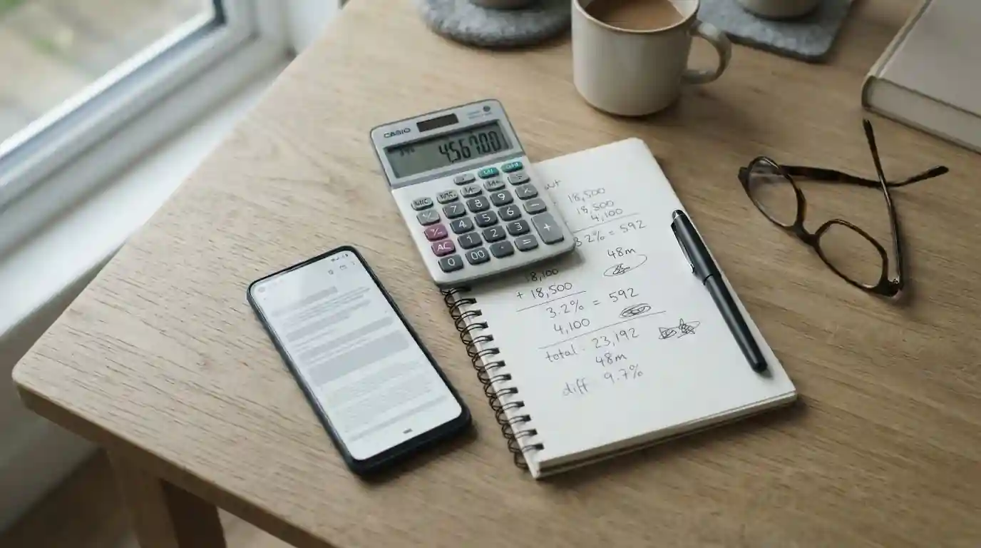 Taschenrechner und Notizen mit Berechnungen zu Bonusbedingungen auf einem Schreibtisch