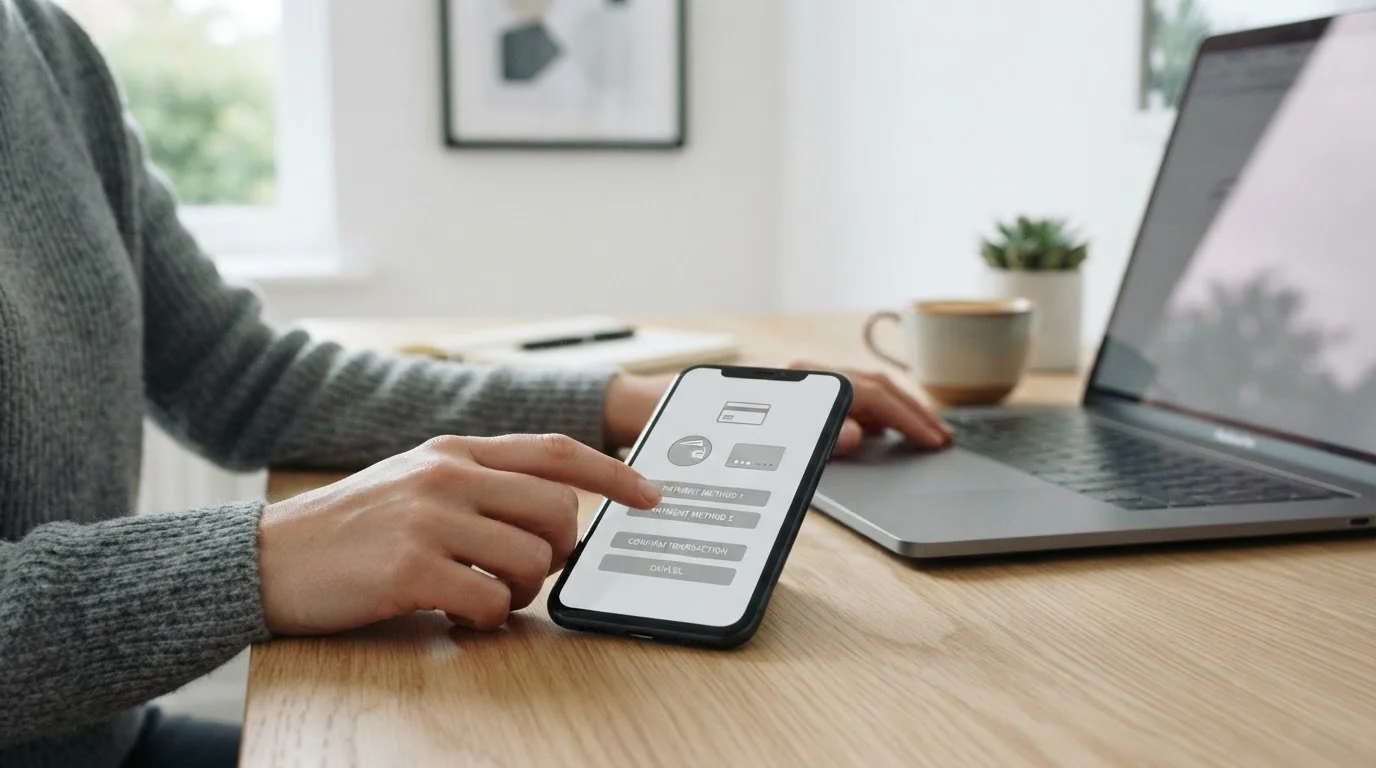 Smartphone mit Zahlungsoptionen und Laptop bei Online-Transaktion