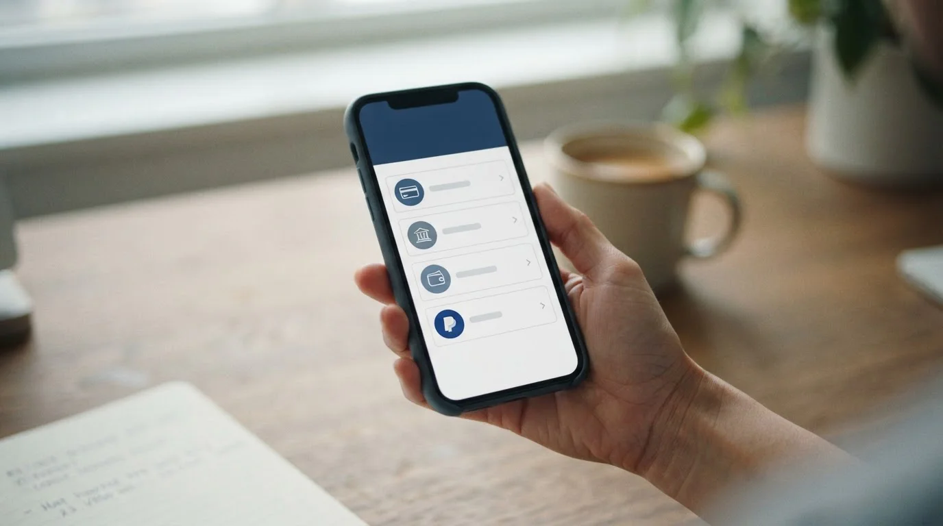 Verschiedene digitale Zahlungsoptionen auf einem Mobilgerät ohne Markennamen