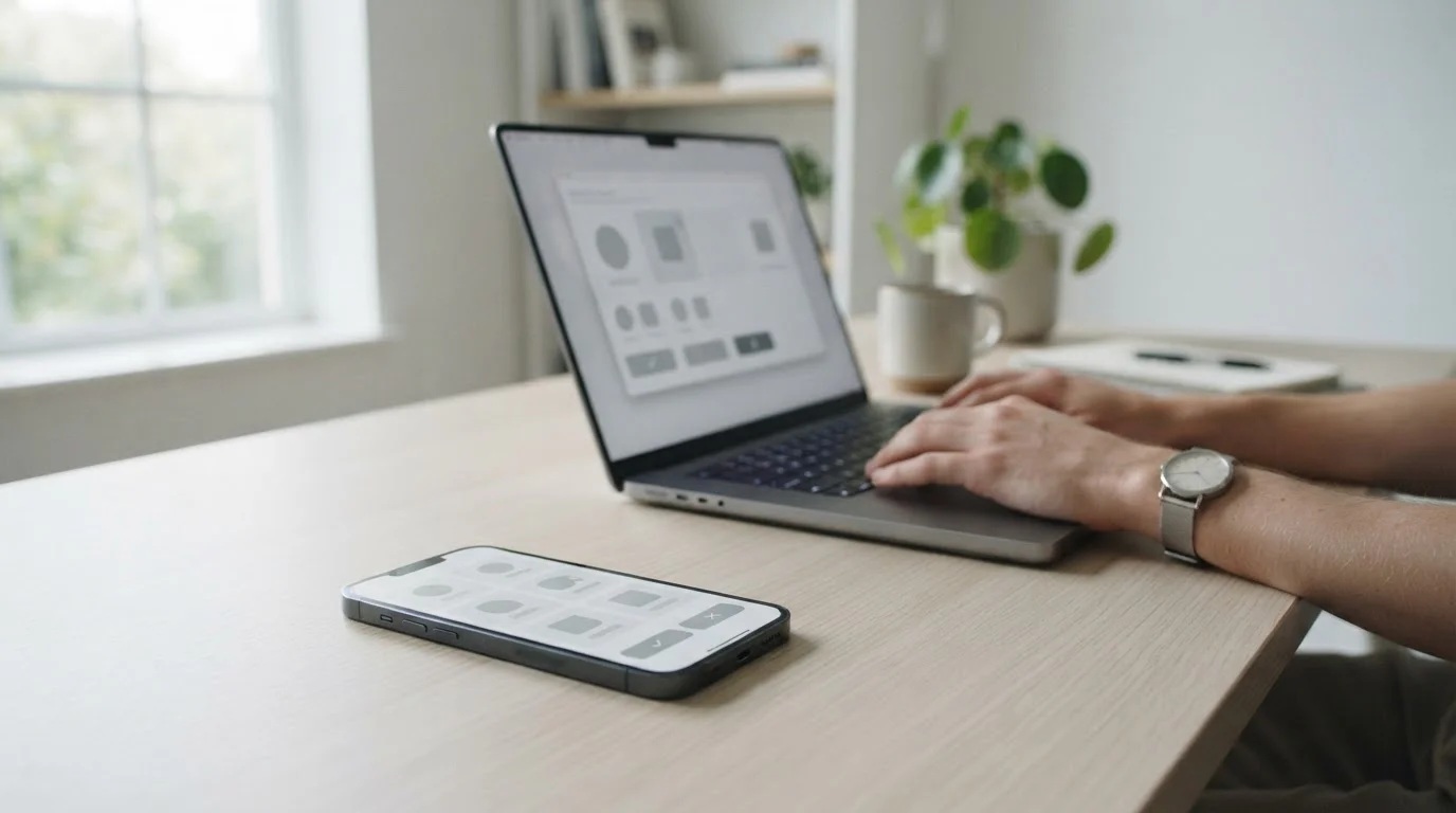 Smartphone mit Zahlungsauswahl und Laptop bei einer Online-Transaktion